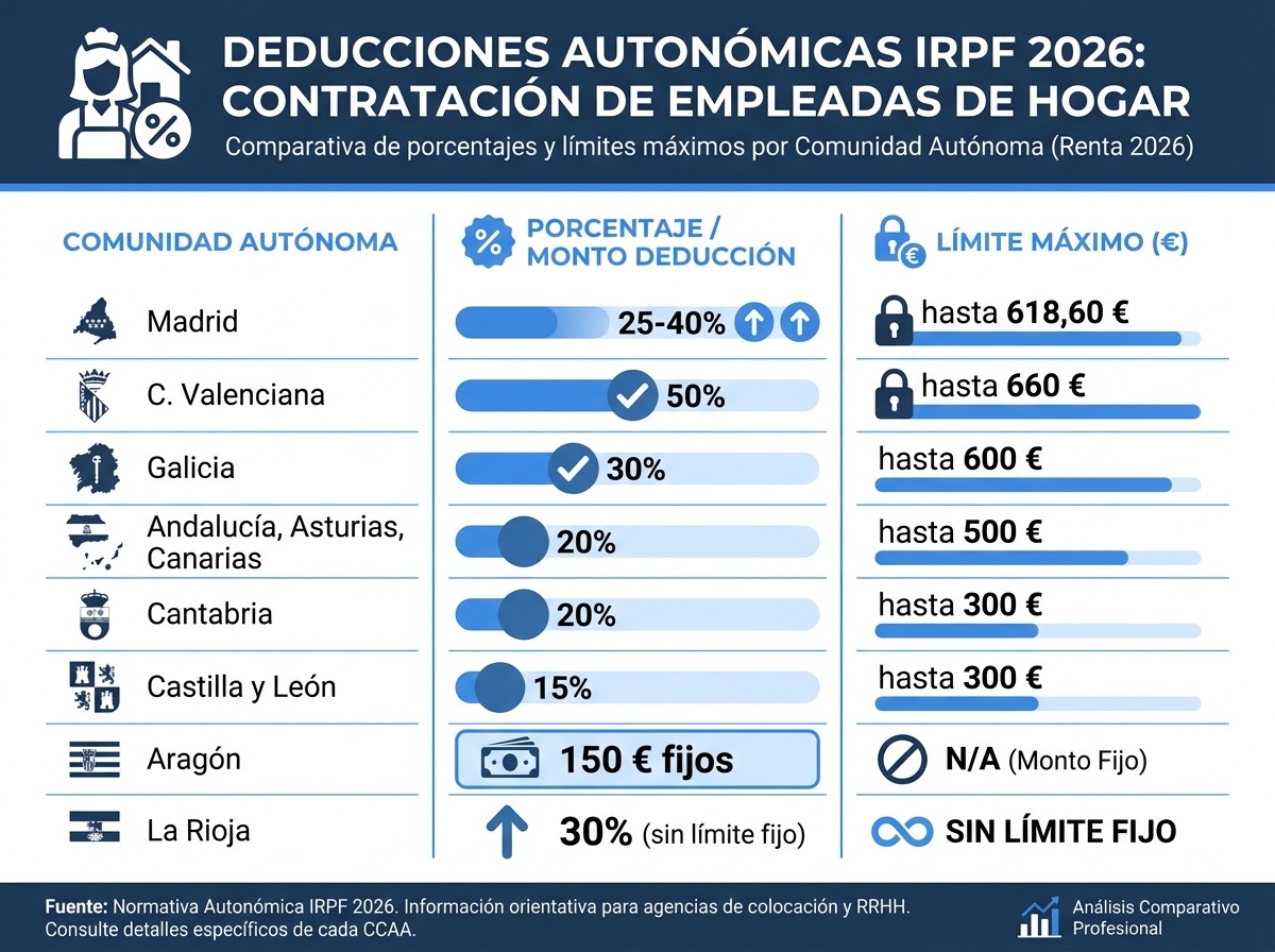 Infografía: comparativa de las deducciones autonómicas en el IRPF 2026 por contratar empleada de hogar (porcentajes y límites por CCAA)