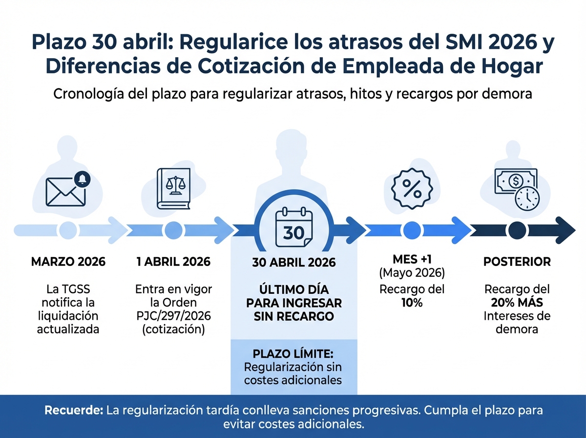 Infografía: cronología del plazo del 30 de abril para regularizar los atrasos del SMI 2026 y las diferencias de cotización